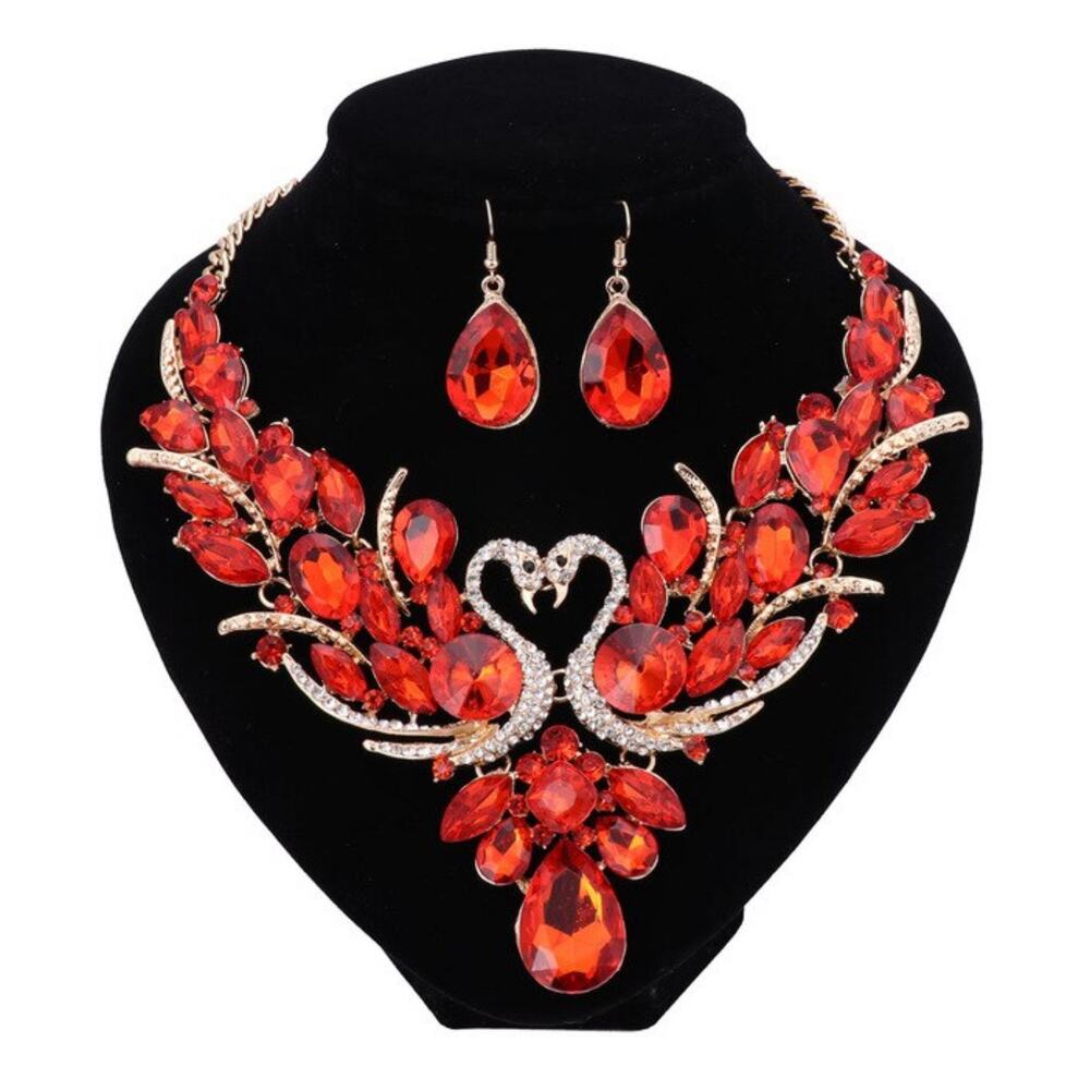 Yellow Gold Red Ruby Crystal Rhinestone Swan Necklace Earrings Bridal Prom Set